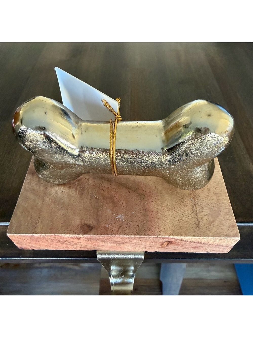 NEW Gold Dog Bone and Wood Base Stocking Holder for Pets - Picture 2 of 12
